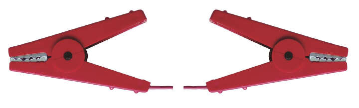 441608 Zwei rote Klemmen mit Metallbacken, die sich gegenüberliegen, für elektrische Verbindungen.